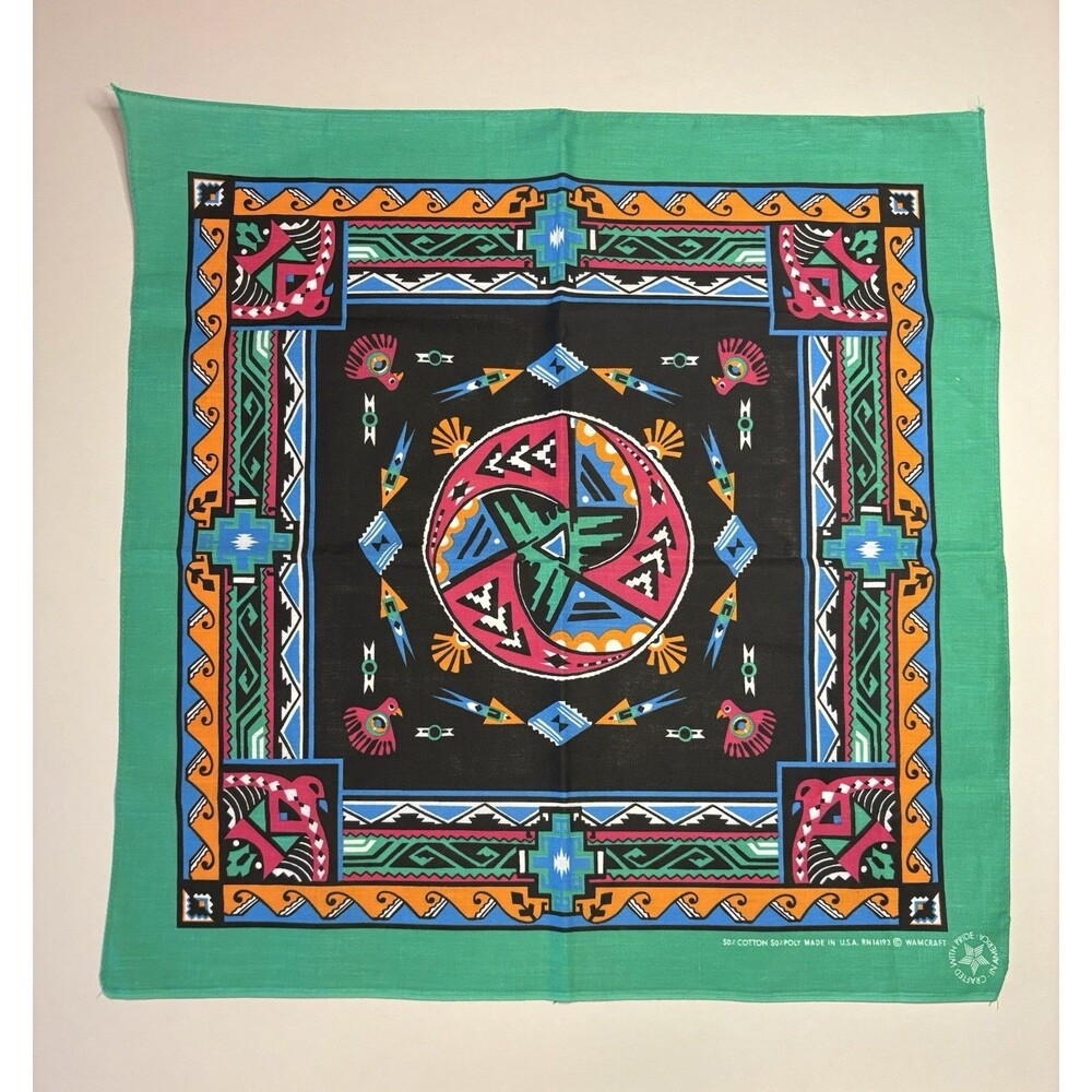 New Wamcraft SouthWestern Eagle Bandana Native Aztec Print Green USA Cotton Old